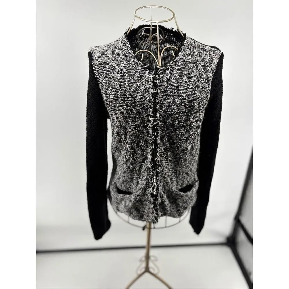 Donna Karan New York Black Boucle Hook Eye Cardigan Contrast Sleeve Size XS